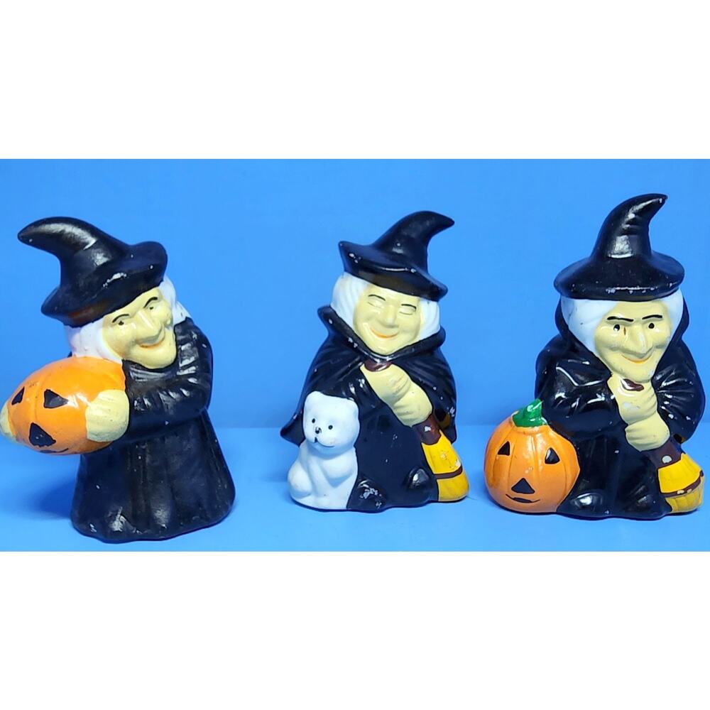 Vintage Loomco 3 Inch Witch Figurines Ceramic Set Pumpkins Cat 3 Inch See Pic